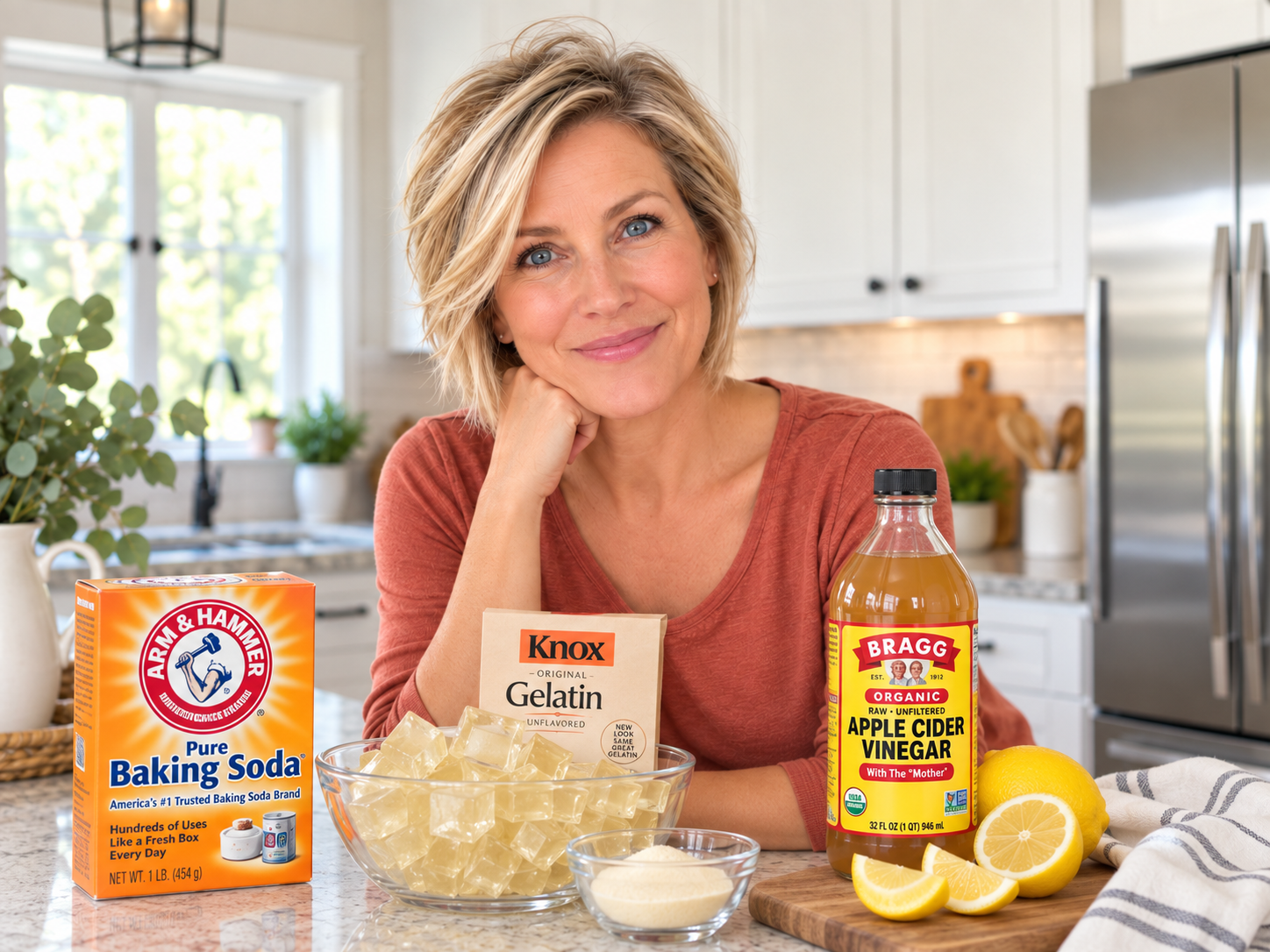 Megan in her kitchen with gelatin, baking soda, lemon and apple cider vinegar